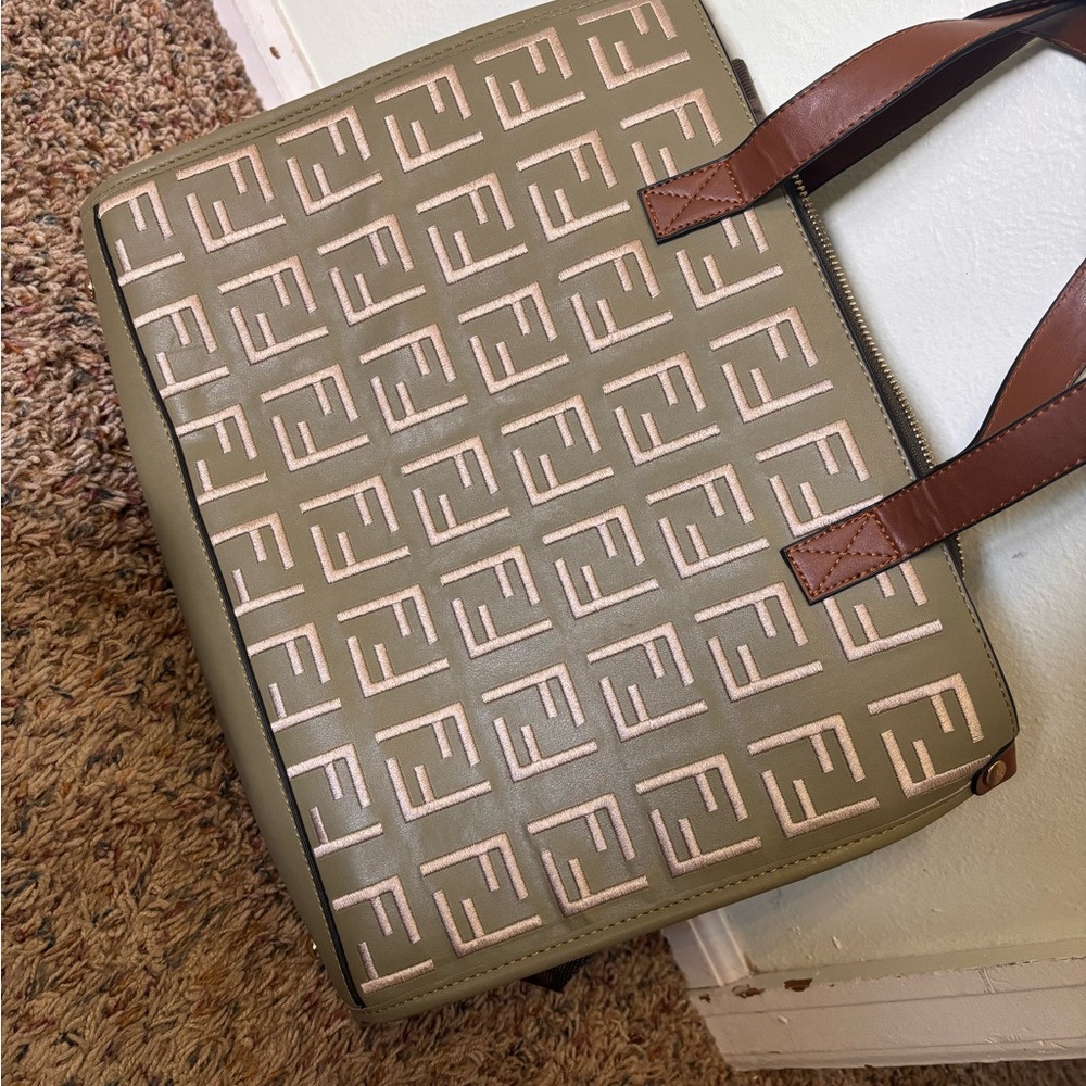 Cream and Olive Monogram Tote with Brown Leather Straps